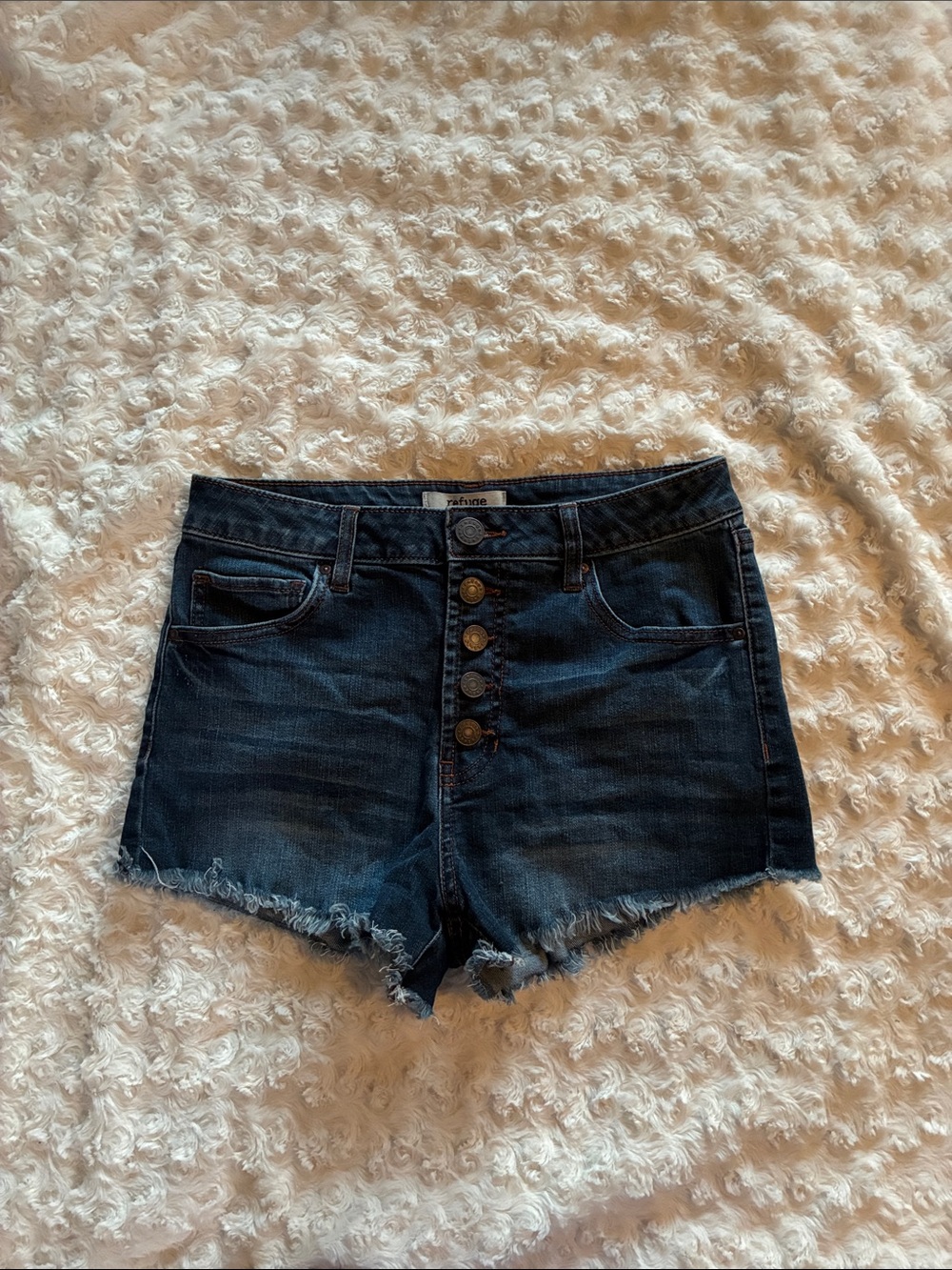 refuge Dark Blue High Rise Button-Fly Denim Shorts